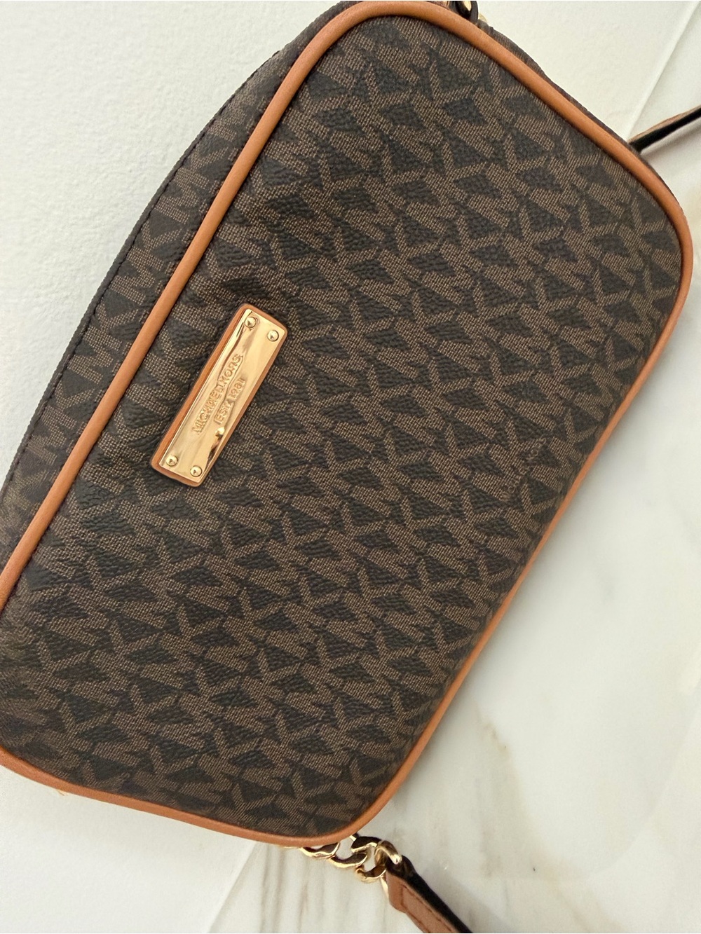 Michael Kors Monogram Crossbody Bag in Brown with Tan Trim